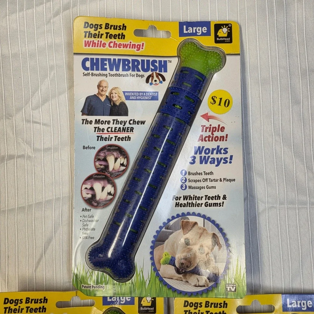 3 pack, Chewbrush Large Self-Brushing Dog Toothbrush Blue Green Triple Action